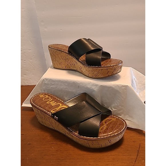 Sam Edelman Shoes - SAM EDELMAN Remini Women's Black Leather‎ Slide Wedge Sandals Size 8.5M